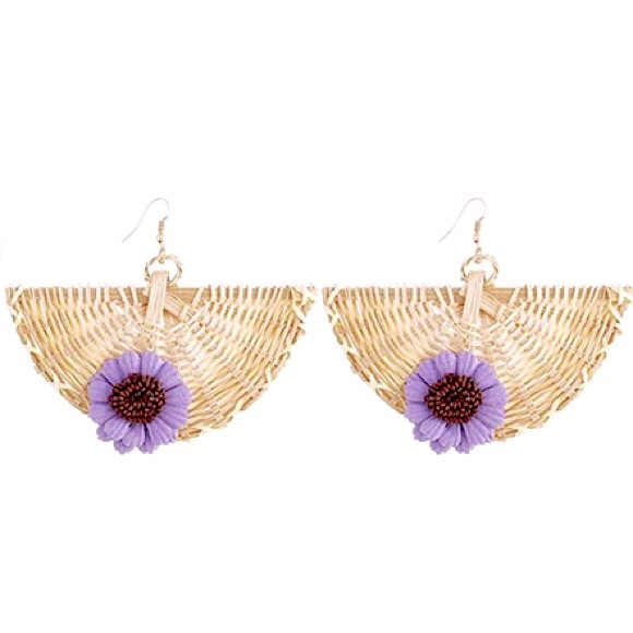 Rattan Woven Half Circle Purple Flower Earrings - Picture 1 of 1